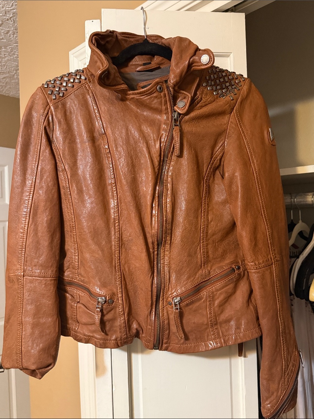 Women's Tan Leather Studded Biker Jacket